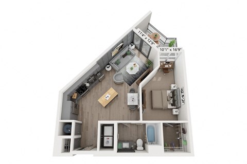 Floor plan for 1 bed, 1 bath, 720 sqft
